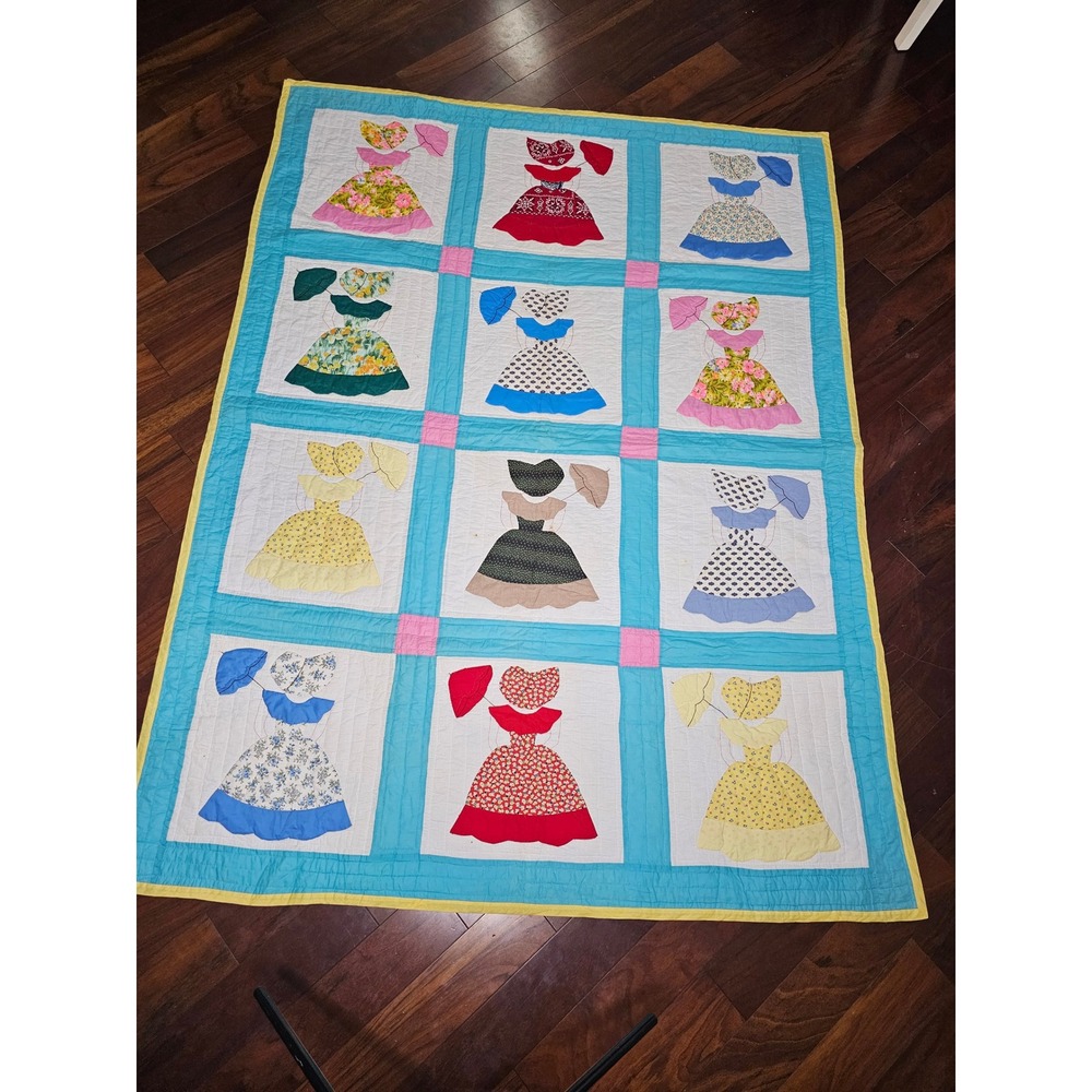 Vintage Sunbonnet Sue Hand Stitched Applique Quilt Blue Pink Yellow 88x67